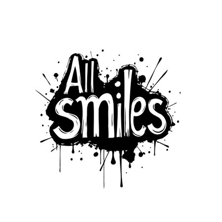 An artistic vector design featuring the words 'All Smiles' in bold white letters, set against a backdrop of dynamic black ink splatters creating a cheerful and modern graphicのイラスト素材