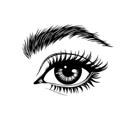 A detailed black and white illustration showcases a human eye with a well-defined eyebrow and long eyelashes, capturing a sense of beauty and elegance.のイラスト素材