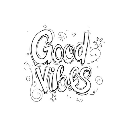 Hand-drawn 'Good Vibes' lettering with decorative swirls and stars. Perfect for adding a positive message to cards, posters, and social media content.のイラスト素材
