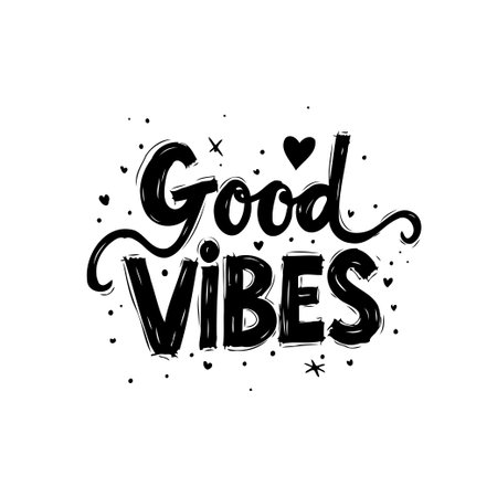 A cheerful and inspiring typography design featuring the phrase 'Good Vibes'. Decorated with hearts and stars, this vector illustration promotes positivity and good energy.のイラスト素材
