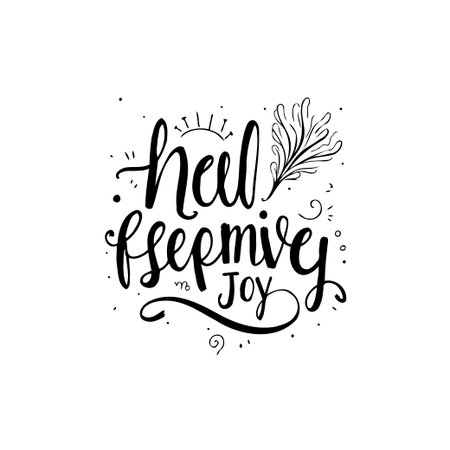 Elegant hand-lettered quote design with words 'Heal, be free, live with joy' in a calligraphy style. A decorative element, ideal for a greeting card, banner or artistic project.のイラスト素材