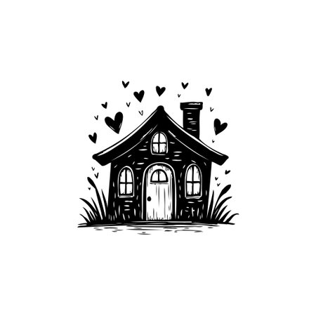 A charming hand-drawn illustration of a cute cottage with heart accents, perfect for adding a touch of whimsy to any design or project.のイラスト素材
