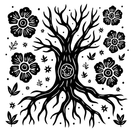 A captivating monochrome illustration featuring a detailed tree surrounded by decorative flowers. The design incorporates mystical and natural elements, creating a whimsical, enchanted aesthetic.のイラスト素材
