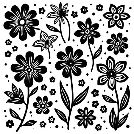 This black and white floral vector illustration offers a clean and elegant design. Perfect for various creative projects, it captures the beauty of nature.のイラスト素材