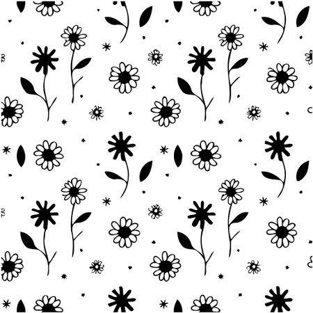 This image showcases a seamless floral pattern of daisy illustrations in black and white, perfect for backgrounds or textile prints.のイラスト素材