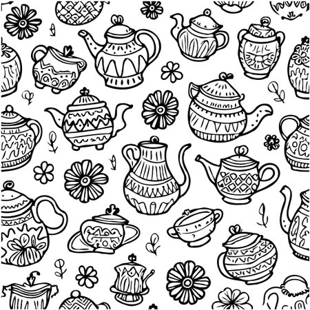 Hand-drawn seamless pattern featuring teapots and floral elements. Ideal for backgrounds, textiles, wrapping paper, and creative designs with a whimsical touch.のイラスト素材