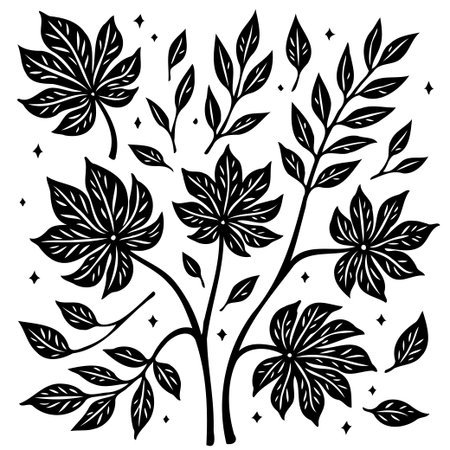 A detailed botanical illustration showcasing various ornate leaves and twigs in a striking black and white design, perfect for creative projects.のイラスト素材