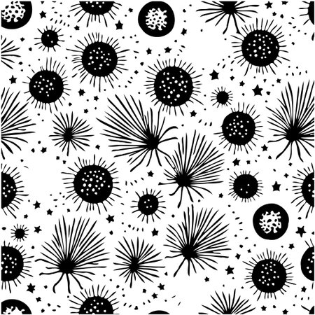 A seamless monochrome pattern featuring celestial elements like stars, dots, and abstract shapes. Ideal for backgrounds, textiles, and graphic design projects.のイラスト素材