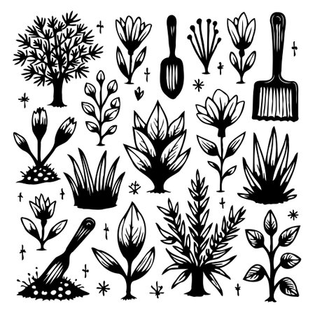 This hand-drawn vector illustration showcases a variety of plants and essential gardening tools in a striking black and white design. Ideal for adding a touch of rustic charm to any project.のイラスト素材