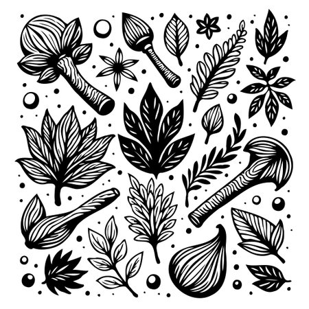 A botanical illustration featuring a collection of hand-drawn leaves and flowers, perfect for adding a natural and organic touch to designs.のイラスト素材