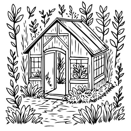 A hand-drawn black and white illustration depicts a greenhouse nestled amongst plants. The image creates a simple outdoor scene evoking nature and a sense of rural living.のイラスト素材