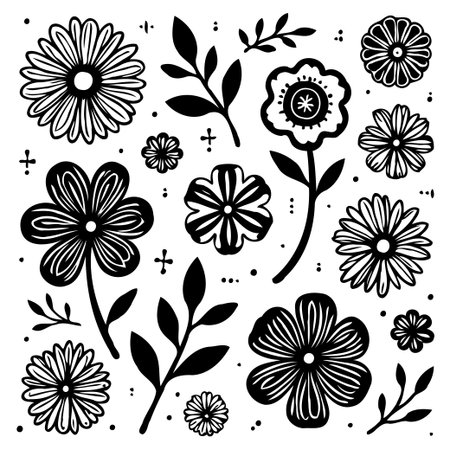 A black and white vector illustration showcasing various flowers, leaves, and botanical elements. This design is perfect for adding a touch of natural elegance.のイラスト素材