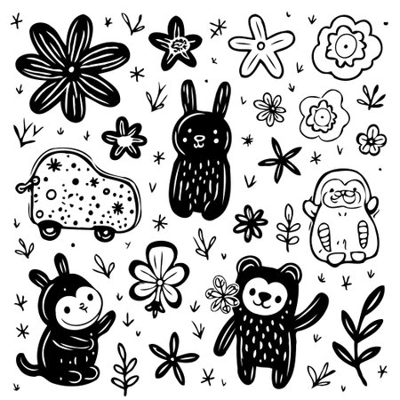 A delightful collection of hand-drawn doodles showcasing a variety of cute animals and playful floral elements. Perfect for adding a whimsical touch to any project.のイラスト素材