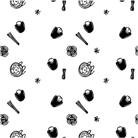 A delicate black and white pattern featuring stylized coffee cups, roses, and spices. Perfect for textile printing and wrapping paper.のイラスト素材