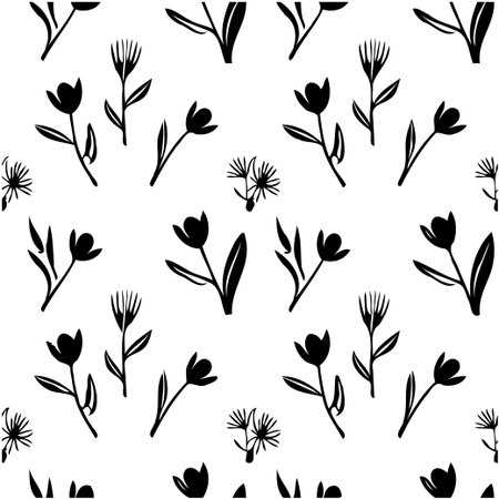 A seamless botanical pattern featuring minimalist flowers in black and white. Ideal for backgrounds, textiles, and various design projects with its clean and elegant look.のイラスト素材