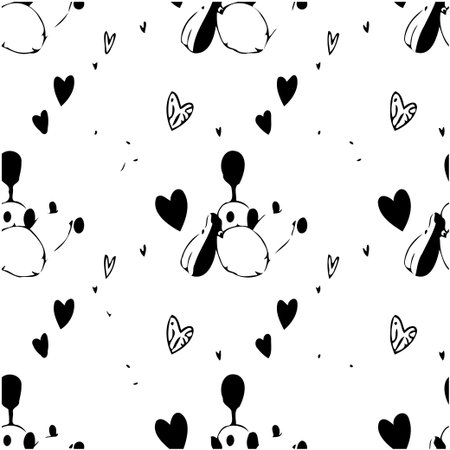 A charming seamless pattern featuring hand-drawn illustrations of dogs interspersed with hearts, perfect for adding a touch of whimsy to any design.のイラスト素材