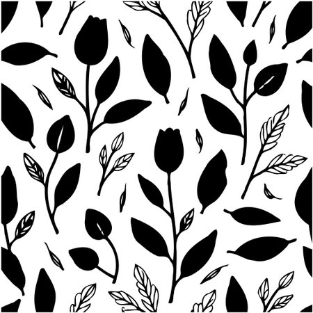 This is a seamless pattern showcasing floral design elements. It features black silhouettes of flowers and leaves against a white background, creating a stylish and eye-catching pattern.のイラスト素材