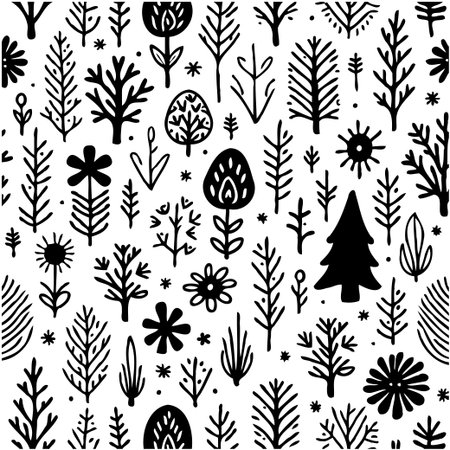 A beautiful seamless pattern of black and white trees and floral elements. Perfect for adding a...