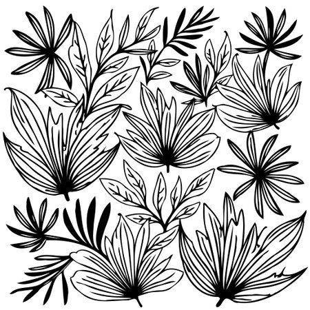 A black and white botanical drawing showcasing a collection of diverse leaves and foliage, perfect for adding a natural and artistic touch to any design project.のイラスト素材