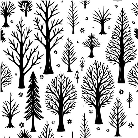 A monochrome seamless pattern featuring bare trees creates a winter forest aesthetic. The black...