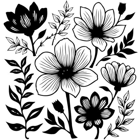 A collection of beautiful floral silhouettes in black and white. Perfect for adding a touch of elegance to any design project.のイラスト素材