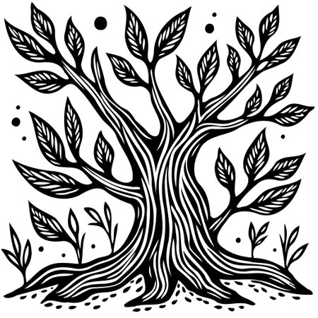 A stylized black and white tree illustration featuring a unique, artistic design, ideal for nature, ecology and creative projects.のイラスト素材