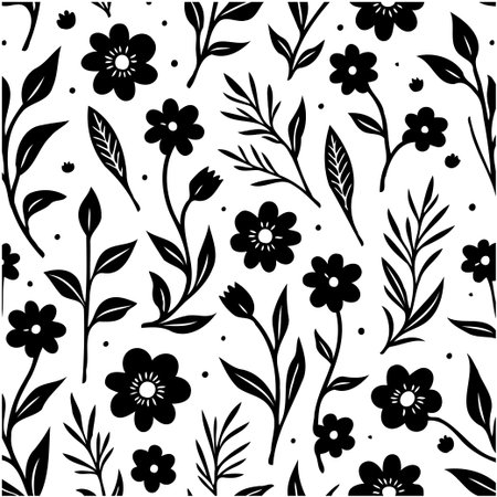 A beautiful seamless pattern of black and white floral elements. Perfect for backgrounds, wallpapers, and various creative projects.のイラスト素材
