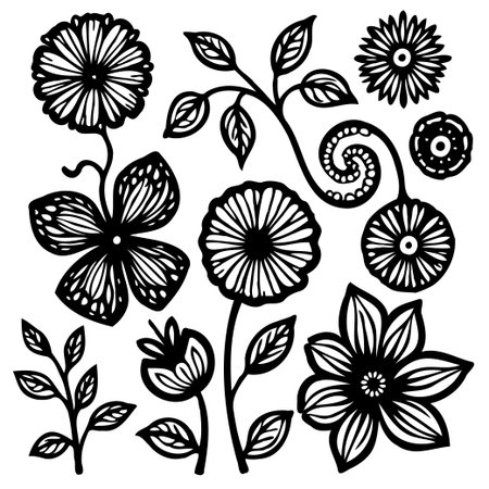 This elegant floral vector set features hand-drawn botanical illustrations of various flowers and leaves. Perfect for adding a touch of nature-inspired beauty to any design project.のイラスト素材