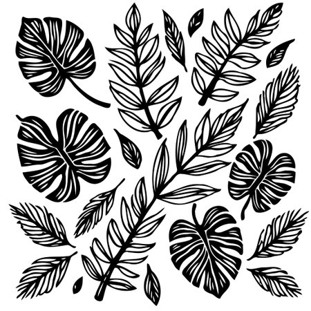 An elegant botanical vector illustration featuring assorted leaves and fronds. Great for adding a natural touch to any design project.のイラスト素材