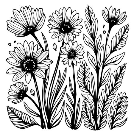 This image features a beautiful hand-drawn floral design in black and white, showcasing elegant botanical illustrations perfect for decorative art.のイラスト素材