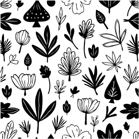 A botanical vector seamless pattern features hand-drawn plants on a white background, perfect for textiles, wallpaper, or any design needing a natural touch.のイラスト素材