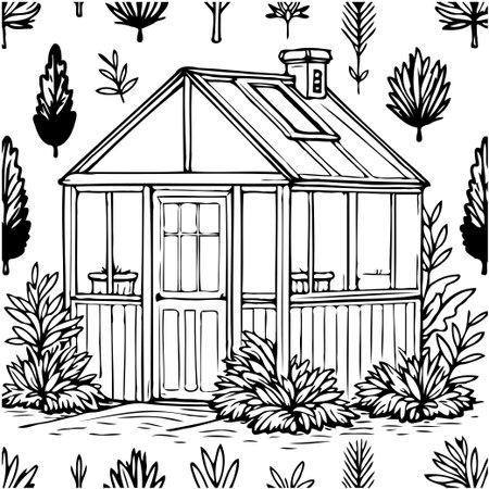 A black and white drawing of a greenhouse with surrounding plants, ideal for a coloring book or as a botanical illustration. Represents growth, nature, and gardening.のイラスト素材