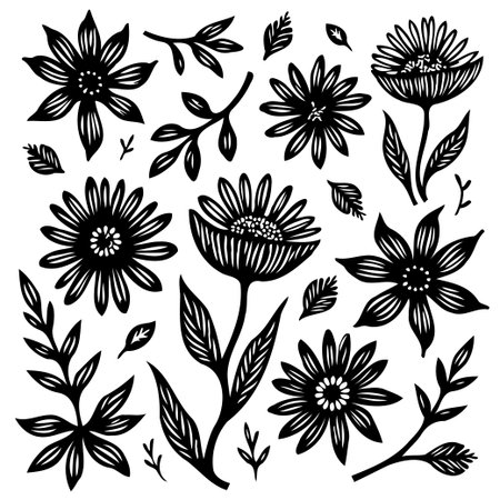 A beautiful black and white vector illustration featuring various floral and botanical elements. Perfect for adding a touch of nature and elegance to your designs.のイラスト素材