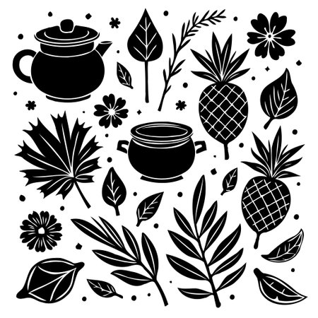Illustration of kitchenware, plants, and fruits, with black silhouette on a white background, suitable for patterns or decorative images.のイラスト素材
