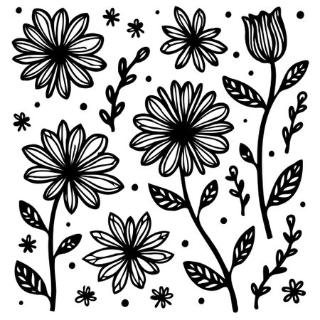 A delicate floral vector art piece featuring elegant blossoms, leaves, and botanical elements. The minimalist design evokes spring and summer freshness.のイラスト素材