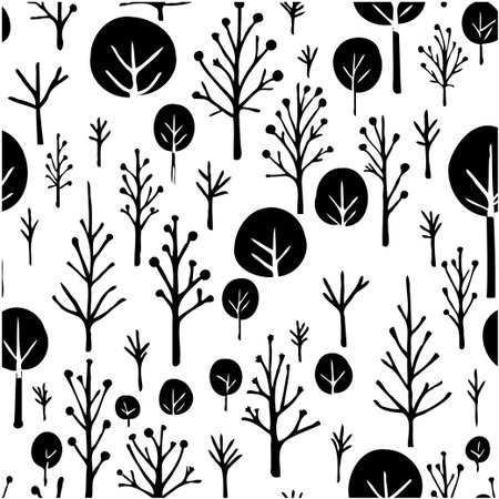 A seamless pattern featuring stylized trees hand-drawn in a black and white simplistic style. Perfect for backgrounds, textiles, and designs.のイラスト素材