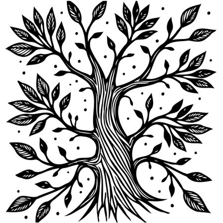 An elegant black and white illustration of a tree of life, symbolizing growth, connectivity, and the beauty of nature. Ideal for designs needing a touch of artistic, organic, and symbolic elements.のイラスト素材