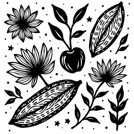 A beautifully designed black and white vector illustration featuring a variety of botanical and floral elements, perfect for decorative designs.のイラスト素材