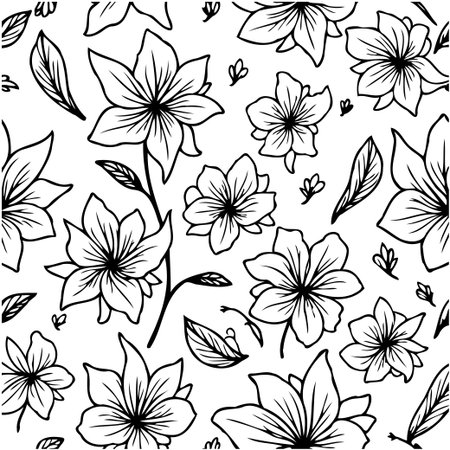A beautiful and elegant floral pattern with black and white flowers and leaves. Perfect for backgrounds, textiles, and other design projects.のイラスト素材