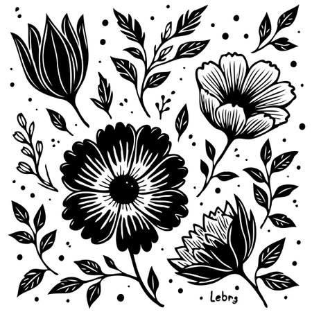 Elegant floral botanical vector illustration in black and white style art featuring various flowers and leaves, perfect for adding a touch of nature and sophistication to your projects.のイラスト素材