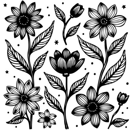 A black and white floral illustration featuring various blooming flowers and foliage, perfect for adding an elegant and natural touch to any design project.のイラスト素材