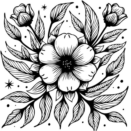 A black and white floral illustration featuring detailed line work. Perfect for botanical designs, artistic projects, and creating elegant, nature-inspired decorations.のイラスト素材