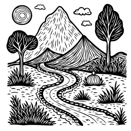 Black and white illustration of a scenic mountain landscape with a winding path, trees, and natural elements, ideal for travel and nature themesのイラスト素材