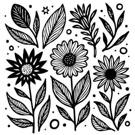 Elegant hand-drawn floral vector illustration featuring various flowers and leaves. Perfect for adding a touch of nature and sophistication to your designs.のイラスト素材
