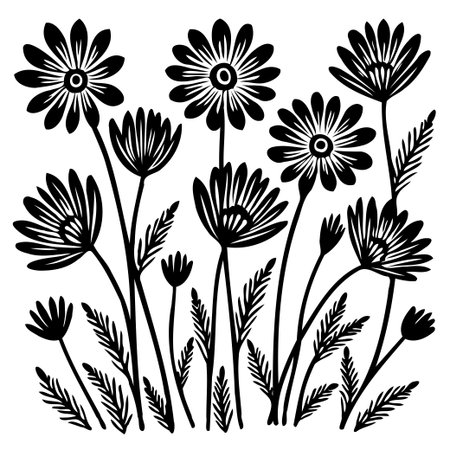 A beautifully detailed black and white floral illustration showcasing various blossoms and stems. Perfect for elegant and minimalist design projects.のイラスト素材
