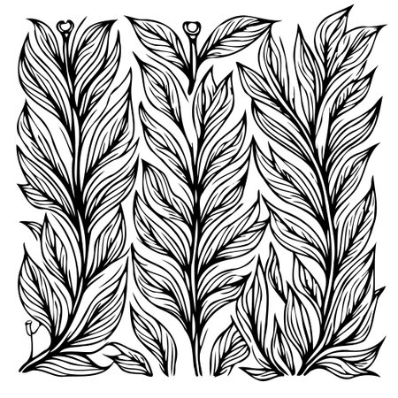 Monochrome botanical illustration featuring detailed leaves and plant patterns. Perfect for backgrounds, invitations, and decorative designs with a natural touch.のイラスト素材
