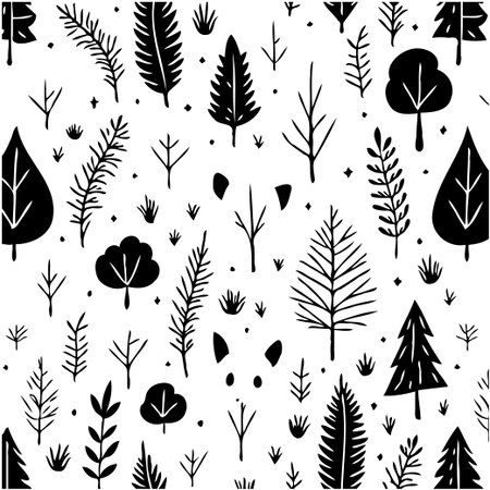 A charming, hand-drawn seamless pattern featuring trees and foliage on a white backdrop, perfect for...