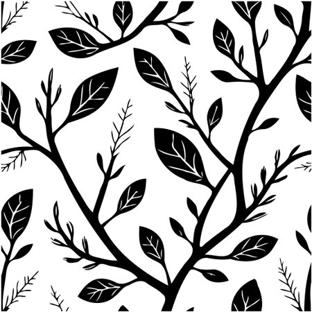 A stylish black and white pattern featuring stylized leaves and branches, perfect for backgrounds, textile designs, and elegant graphic elements.のイラスト素材