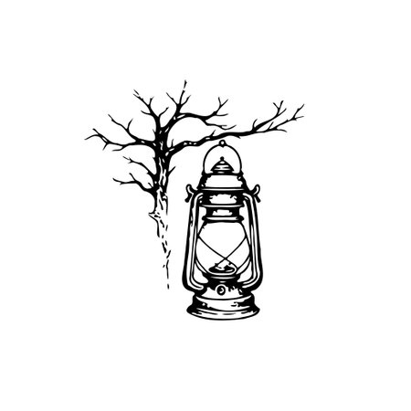 A vintage lantern illustration featuring a classic kerosene lamp with bare tree branches in the background, evoking a sense of rustic nostalgia.のイラスト素材