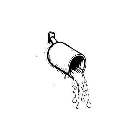 A minimalist black and white illustration showcasing a can pouring liquid. The artwork focuses on the flow and movement of the fluid, presented in a simple yet evocative style.のイラスト素材
